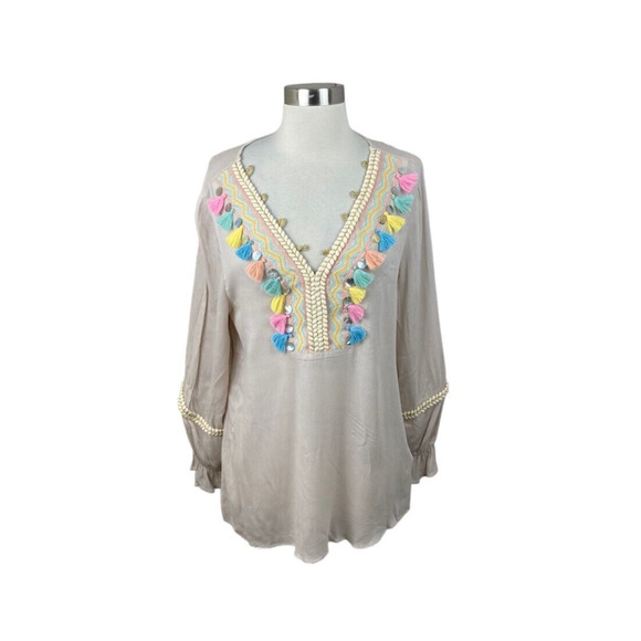 Soft Surroundings Blush Gauze V Neck Tassel Tunic Blouse Embroidered M - Picture 1 of 5